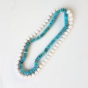 Turquoise & White Pearl Helix Necklace 