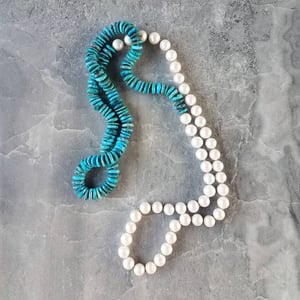 Turquoise & White Pearl Helix Necklace 