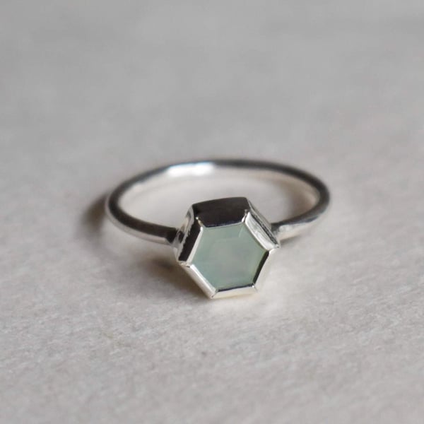 Image of Aqua Chalcedony hexagon cut classic silver ring