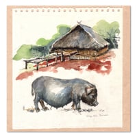 Image 1 of Original Painting - "Cochon et maison Akha" - 30x30 cm