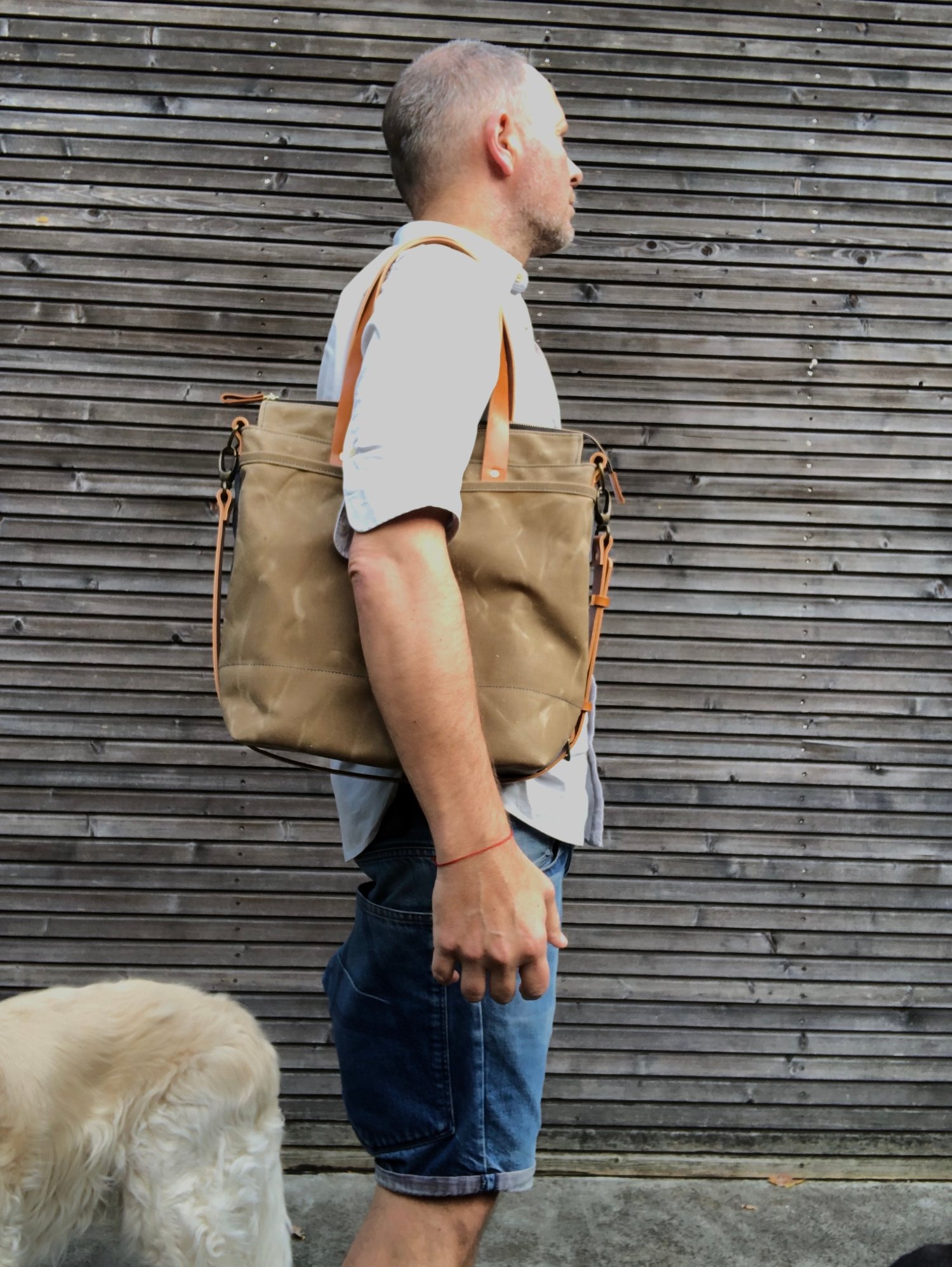 Image of Waxed canvas tote bag / office bag with leather handles and cross body strap