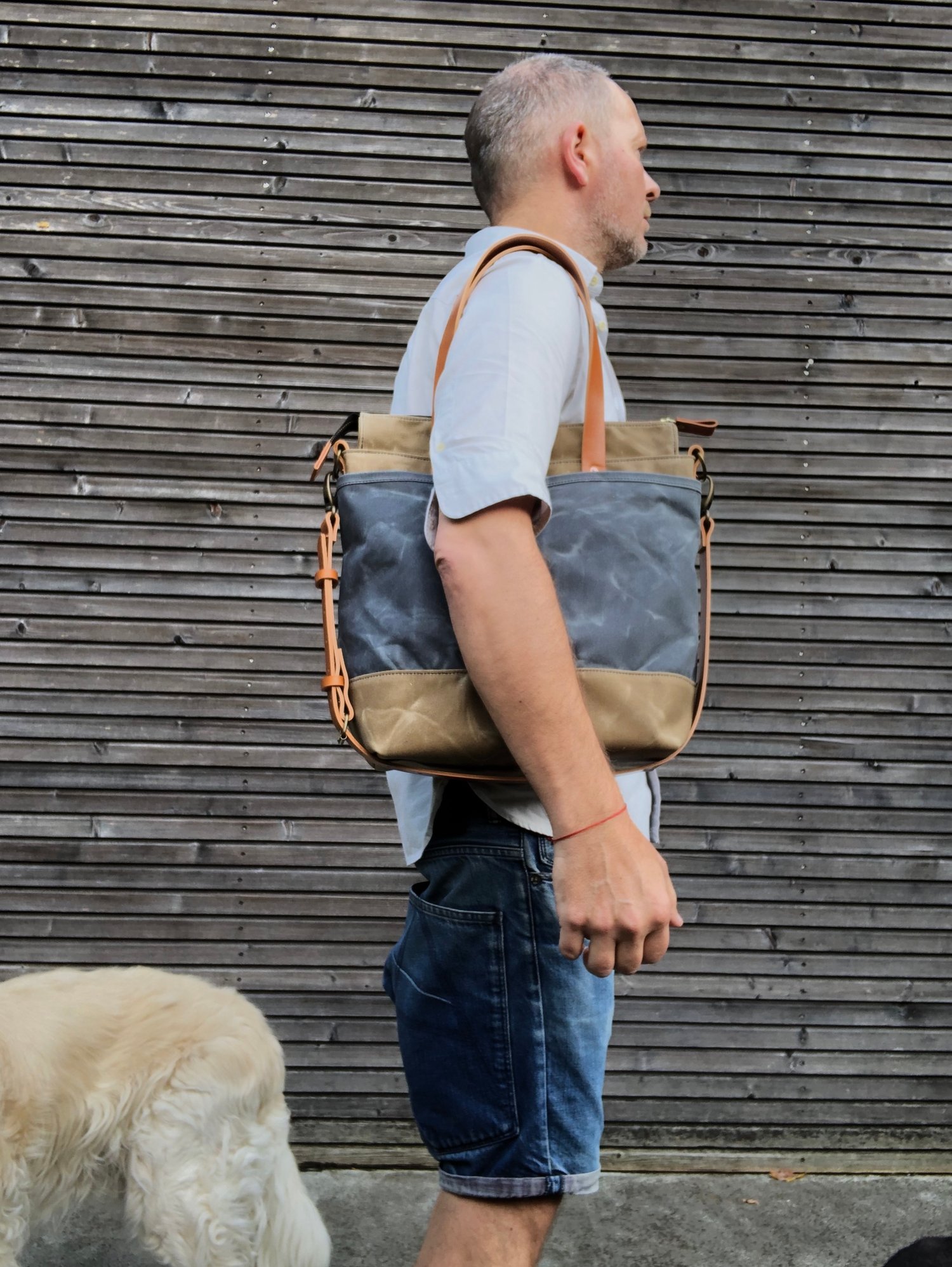 Image of Waxed canvas tote bag / office bag with leather handles and cross body strap