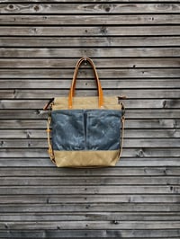 Image 1 of Waxed canvas tote bag / office bag with leather handles and cross body strap