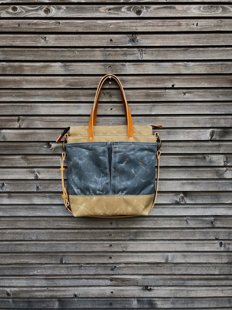 Waxed canvas tote bag / office bag with leather handles and cross body strap