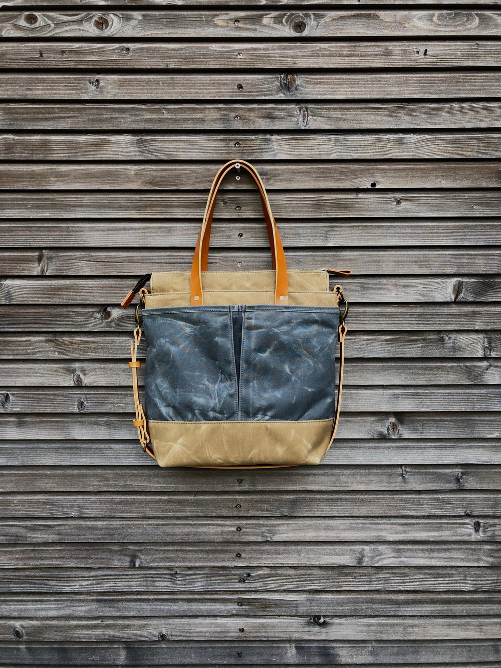 Image of Waxed canvas tote bag / office bag with leather handles and cross body strap