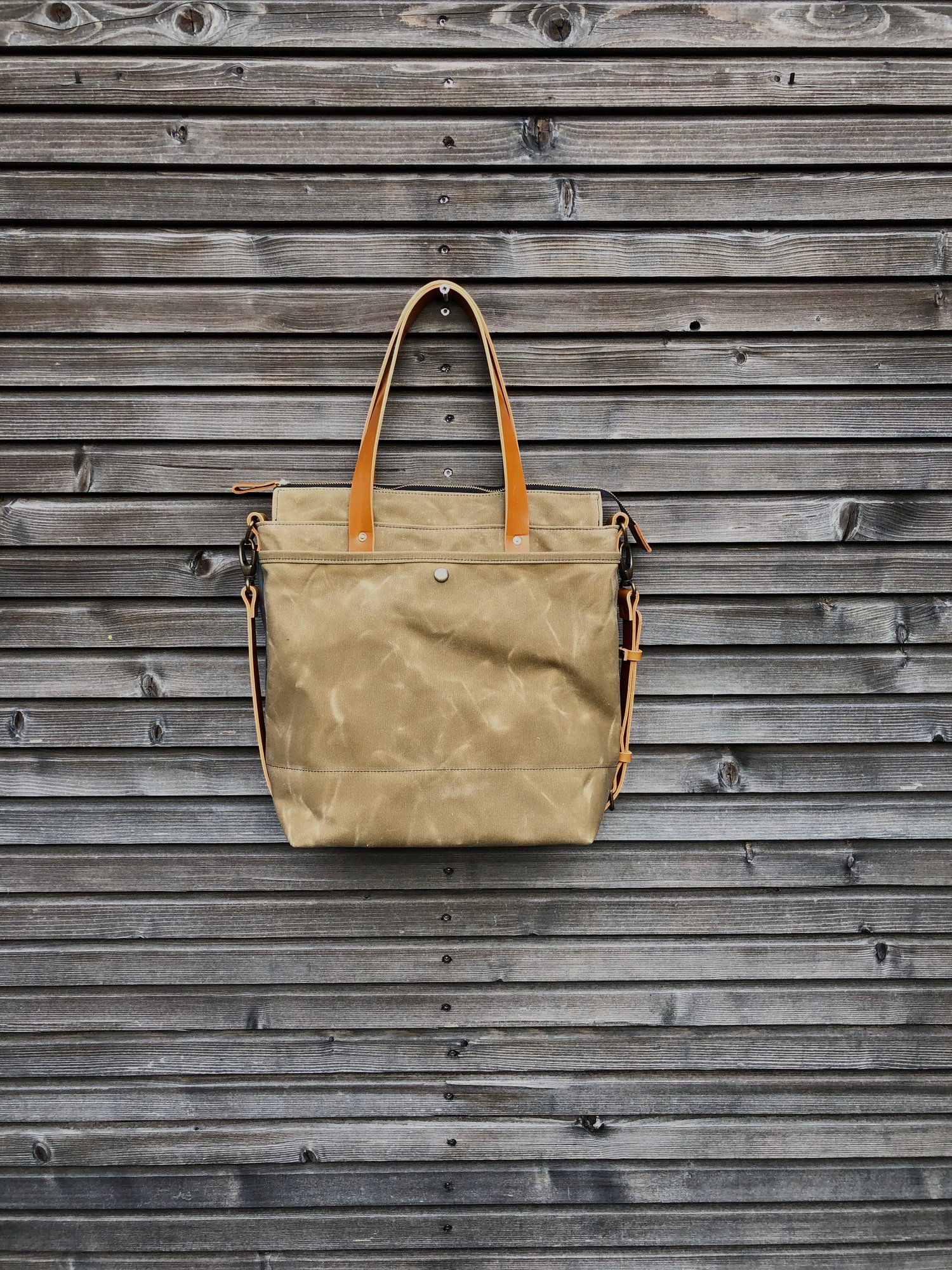 Image of Waxed canvas tote bag / office bag with leather handles and cross body strap