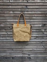 Image 2 of Waxed canvas tote bag / office bag with leather handles and cross body strap
