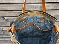 Image 3 of Waxed canvas tote bag / office bag with leather handles and cross body strap