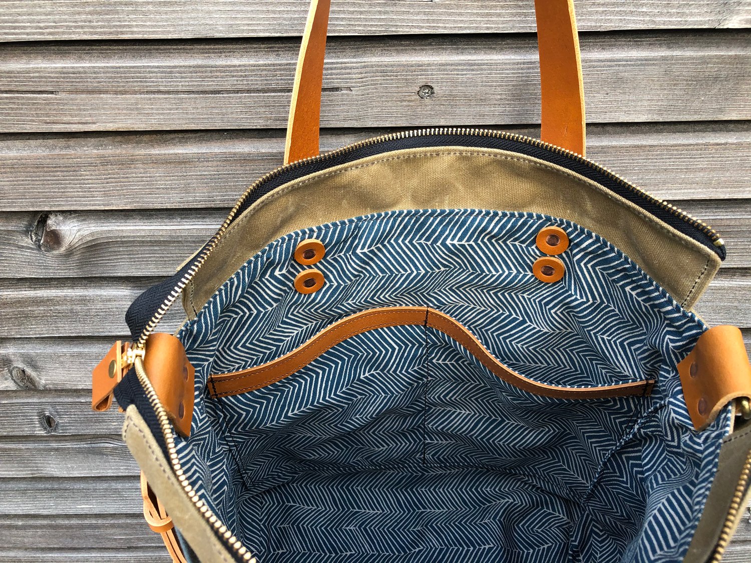 Image of Waxed canvas tote bag / office bag with leather handles and cross body strap