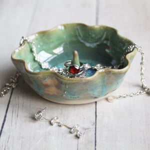 Image of Ceramic Ring Holder in Shimmering Green Glaze, Handcrafted Pottery, Made in USA