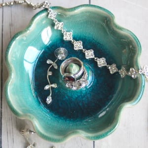 Image of Ring Holder in Crackled Turquoise Glaze Handmade Pottery Gift Made in USA