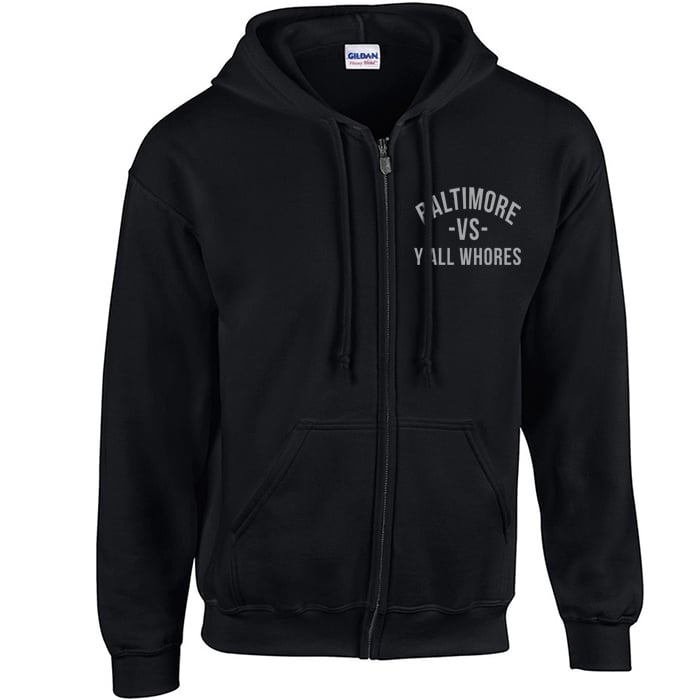 Image of Baltimore Vs Y'all Whores Zip Up Hoodie - White on Black