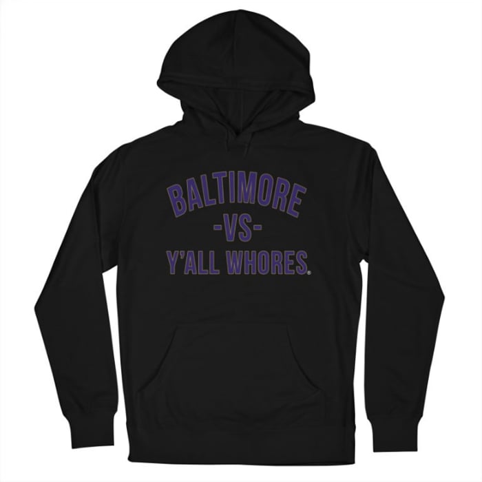 Image of Baltimore Vs Y'all Whores Pullover Hoodie - Purple on Black