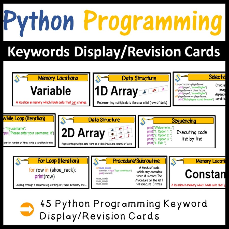 Python Programming Keywords Display/Revision Cards) Computer