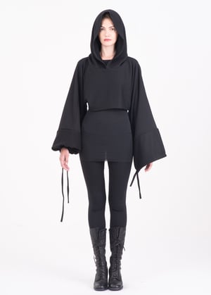 Image of  Hoodie With Self-tie With Overlong  & Puff Sleeves