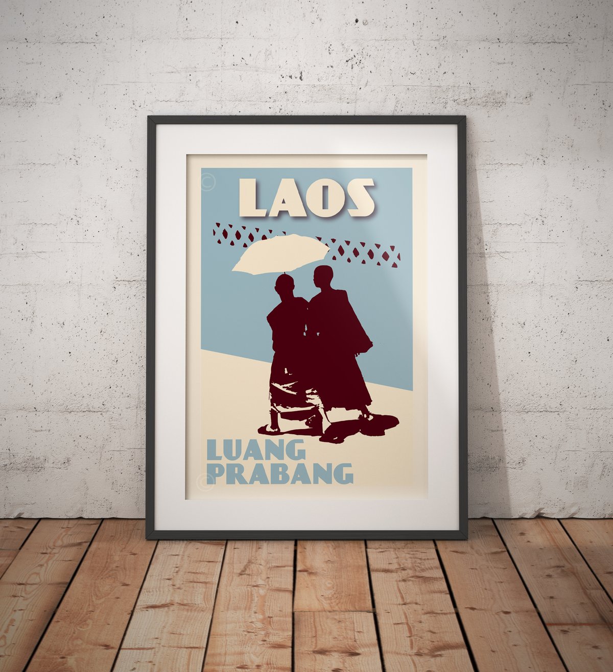 Image of Vintage poster Laos - Luang Prabang - Monks Blue - Fine Art Print