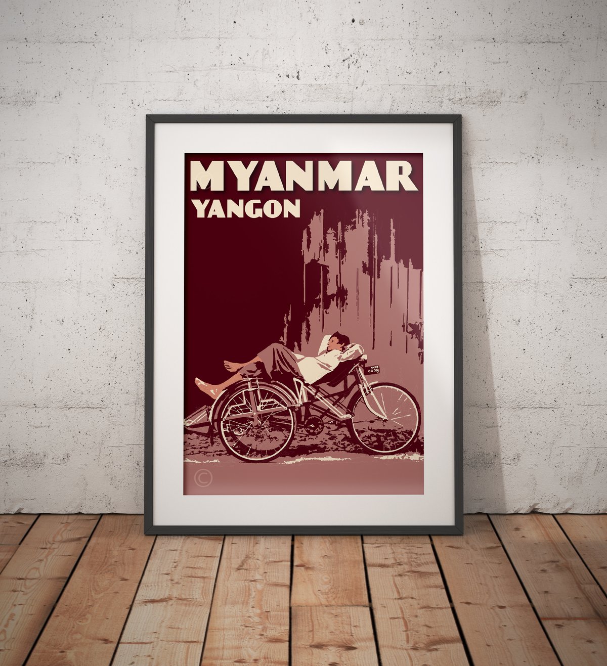 Image of Vintage poster Myanmar - Yangon  - Trishaw - Fine Art Print
