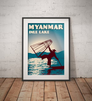 Image of Vintage poster Myanmar - Inle Lake Blue - Fine Art Print 
