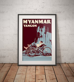 Image of Vintage poster Myanmar - Yangon - Trishaw blue - Fine Art Print