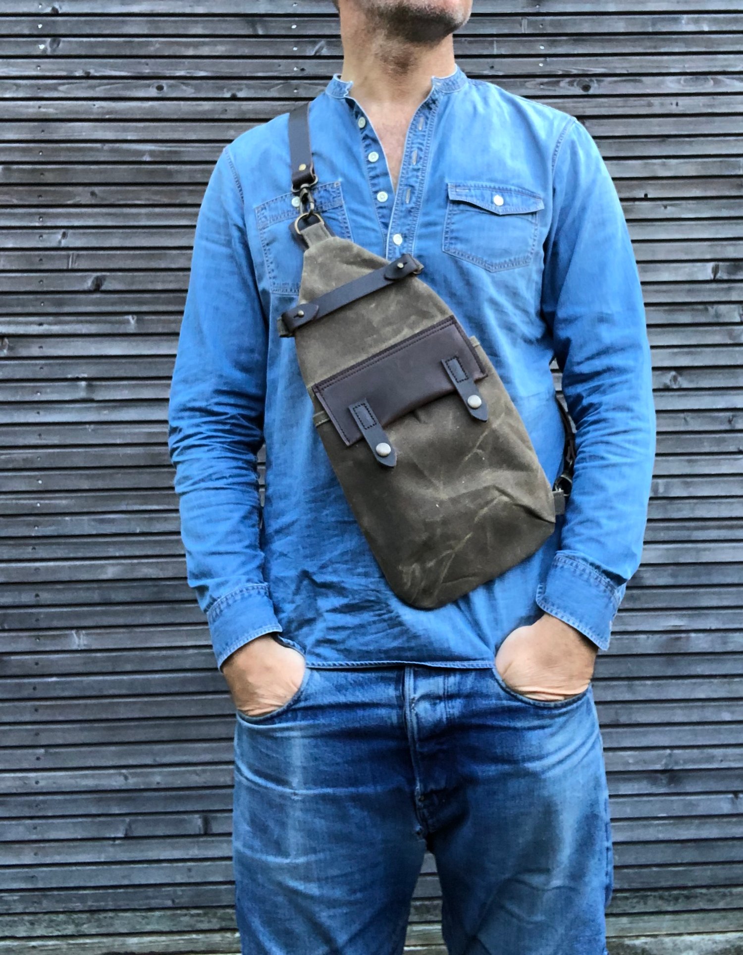Image of Waxed canvas sling bag in field tan/ chest bag / day bag/ with leather shoulder strap