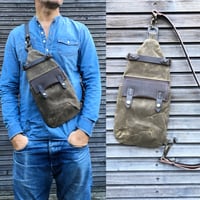 Image 1 of Waxed canvas sling bag in field tan/ chest bag / day bag/ with leather shoulder strap