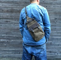 Image 3 of Waxed canvas sling bag in field tan/ chest bag / day bag/ with leather shoulder strap