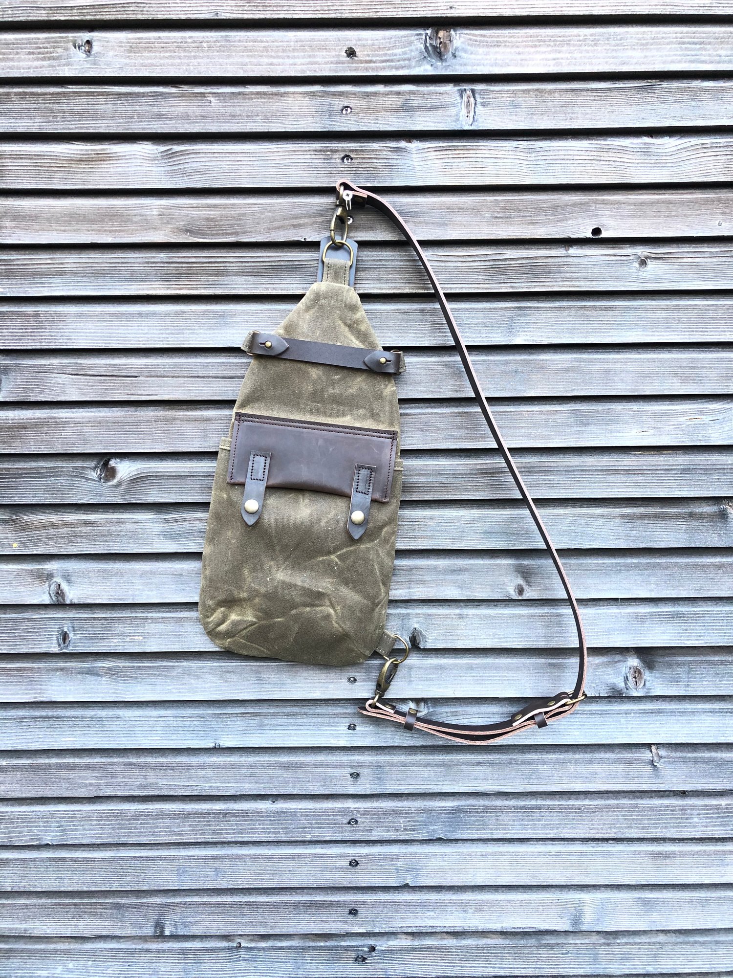 Image of Waxed canvas sling bag in field tan/ chest bag / day bag/ with leather shoulder strap