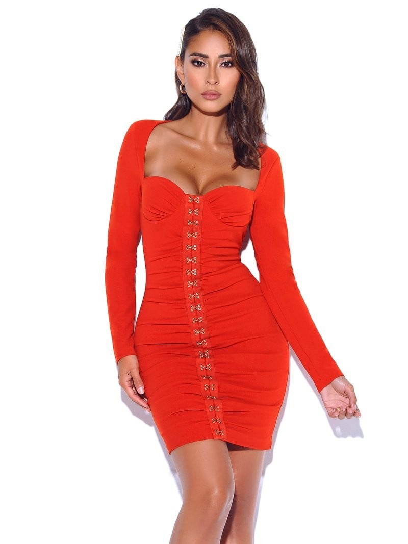 red long sleeve ruched dress