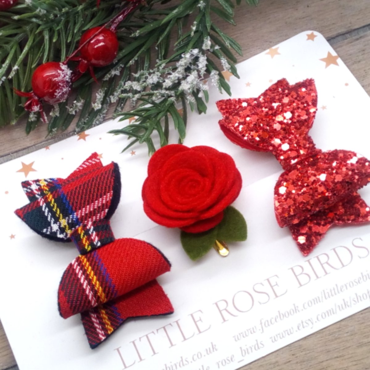 Image of SET OF 3 Red Tartan Bow & Flower Set