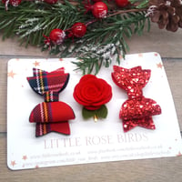 Image 2 of SET OF 3 Red Tartan Bow & Flower Set