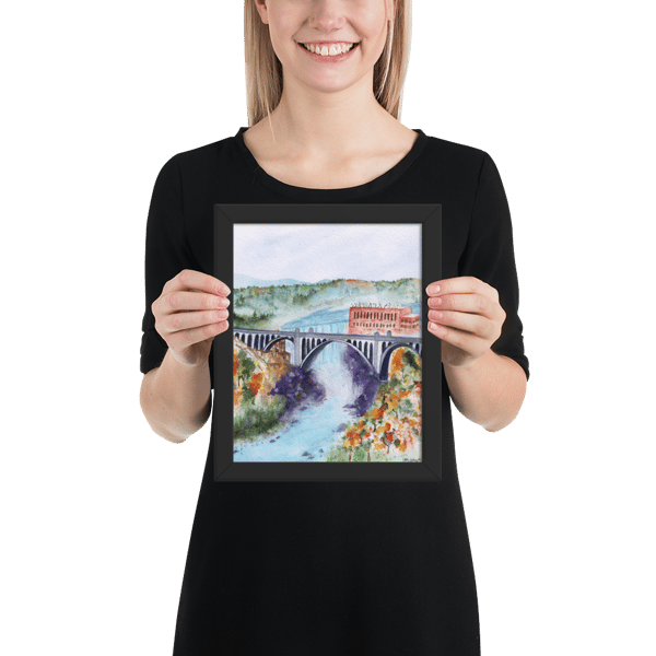 Image of Spokane Falls Original Watercolor - Enhanced Matte Framed Fine Art Poster (Black)