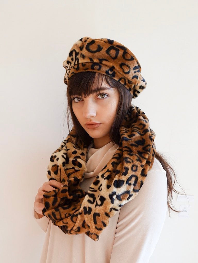 Faux fur Leopard Beret and Scarf Set Holly Stalder