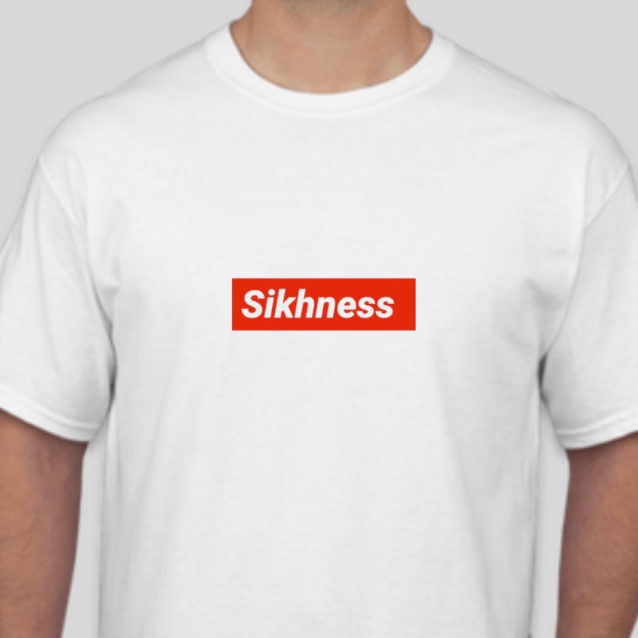 Image of Sikhness White with Red Banner Elongated T's