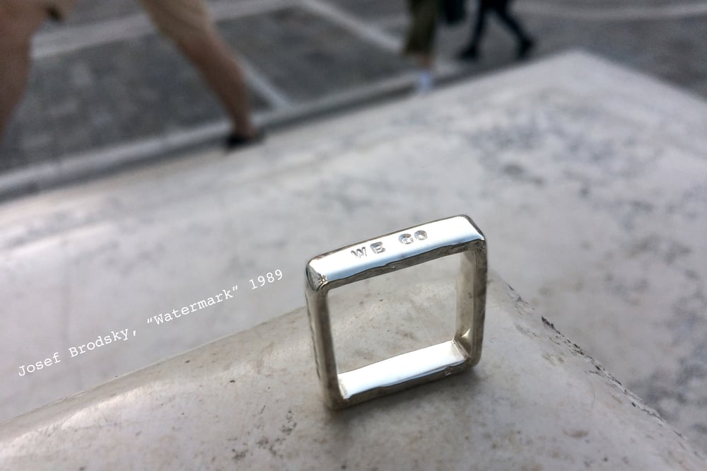 Image of Venice collection · silver square ring with inscription · BECAUSE WE GO AND BEAUTY STAYS ·