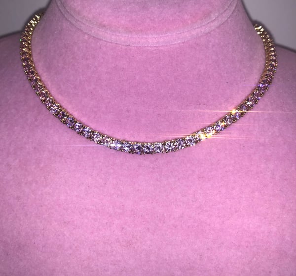 Image of Ladies Thin Bling Tennis Chain (Gold with Pink Stones)