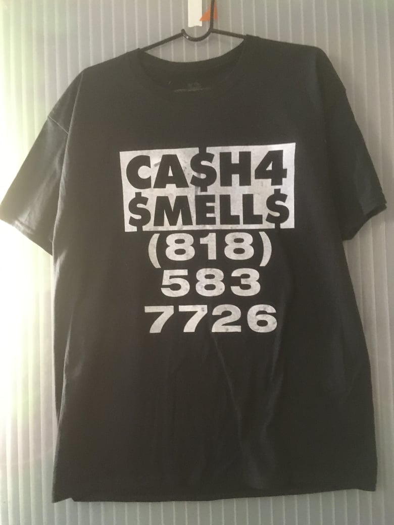 Image of CASH4 SMELLS T-shirt, white on black 