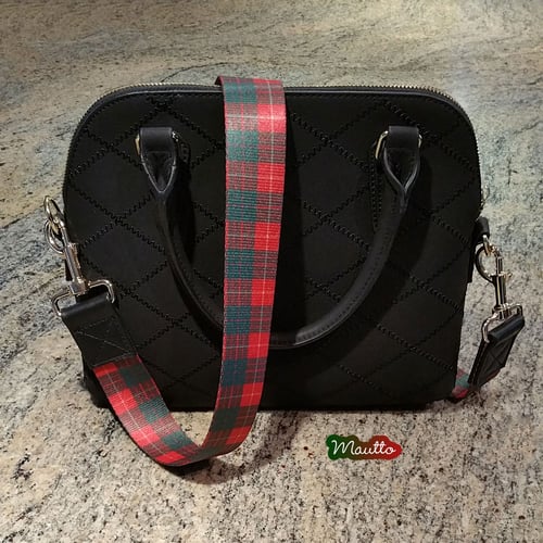 Image of Holiday Strap for Ugly Sweater Parties/Events - Red & Green Plaid Nylon - Black Leather Accents