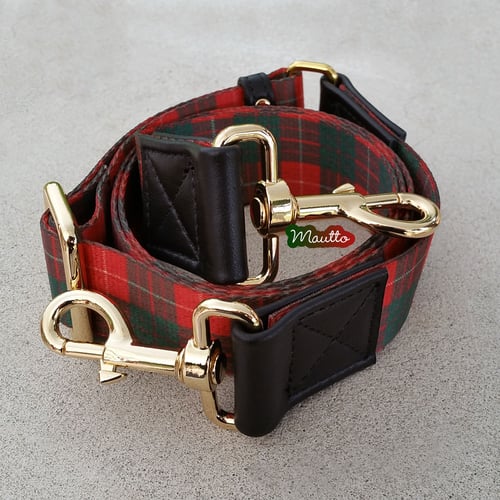 Image of Holiday Strap for Ugly Sweater Parties/Events - Red & Green Plaid Nylon - Black Leather Accents