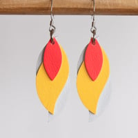 Image 1 of Handmade Australian leather leaf earrings - Coral, yellow, white [LCY-067]