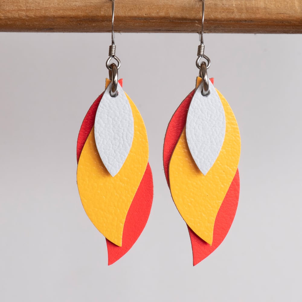 Handmade Australian leather leaf earrings White, yellow, coral [LCY