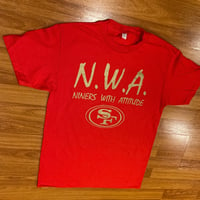 Image 1 of N.W.A. "Niners With Attitude" Red T-Shirt, Gold Letters