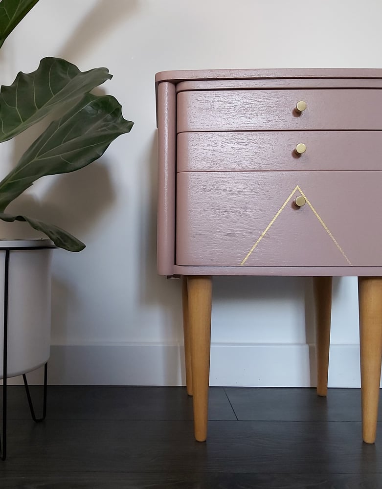 Image of SCHREIBER BENT PLY BEDSIDE CABINET WITH METALLIC GEOMETRICS