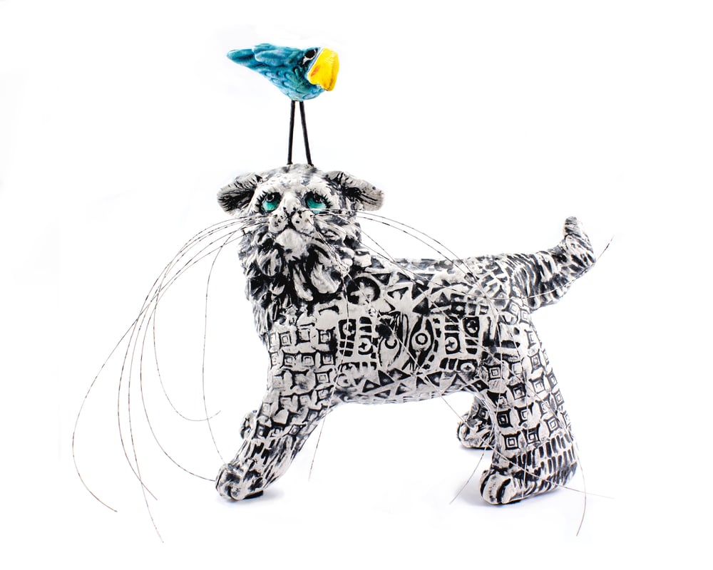 Image of Ceramic Cat and Bird Sculpture - Beeble Cat  and Bossy Bird
