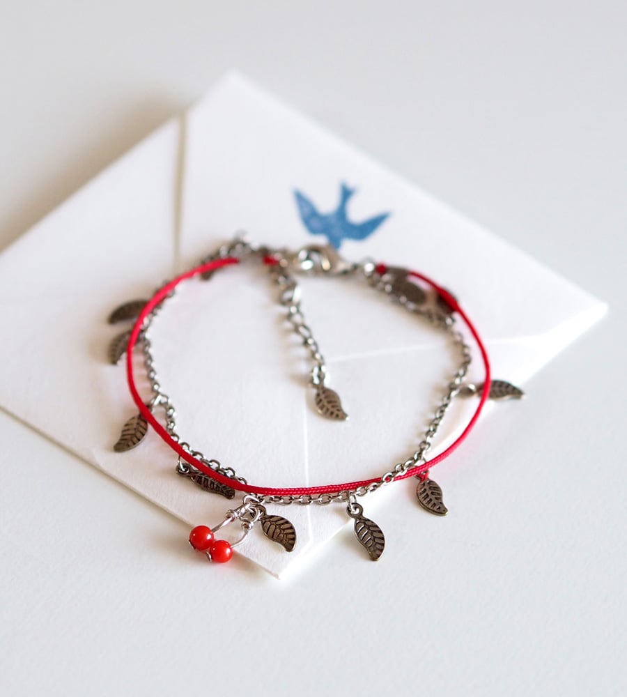Image of Les Cerises - Bracelet Cerises Feuilles - Plaqué Argent (-20%)