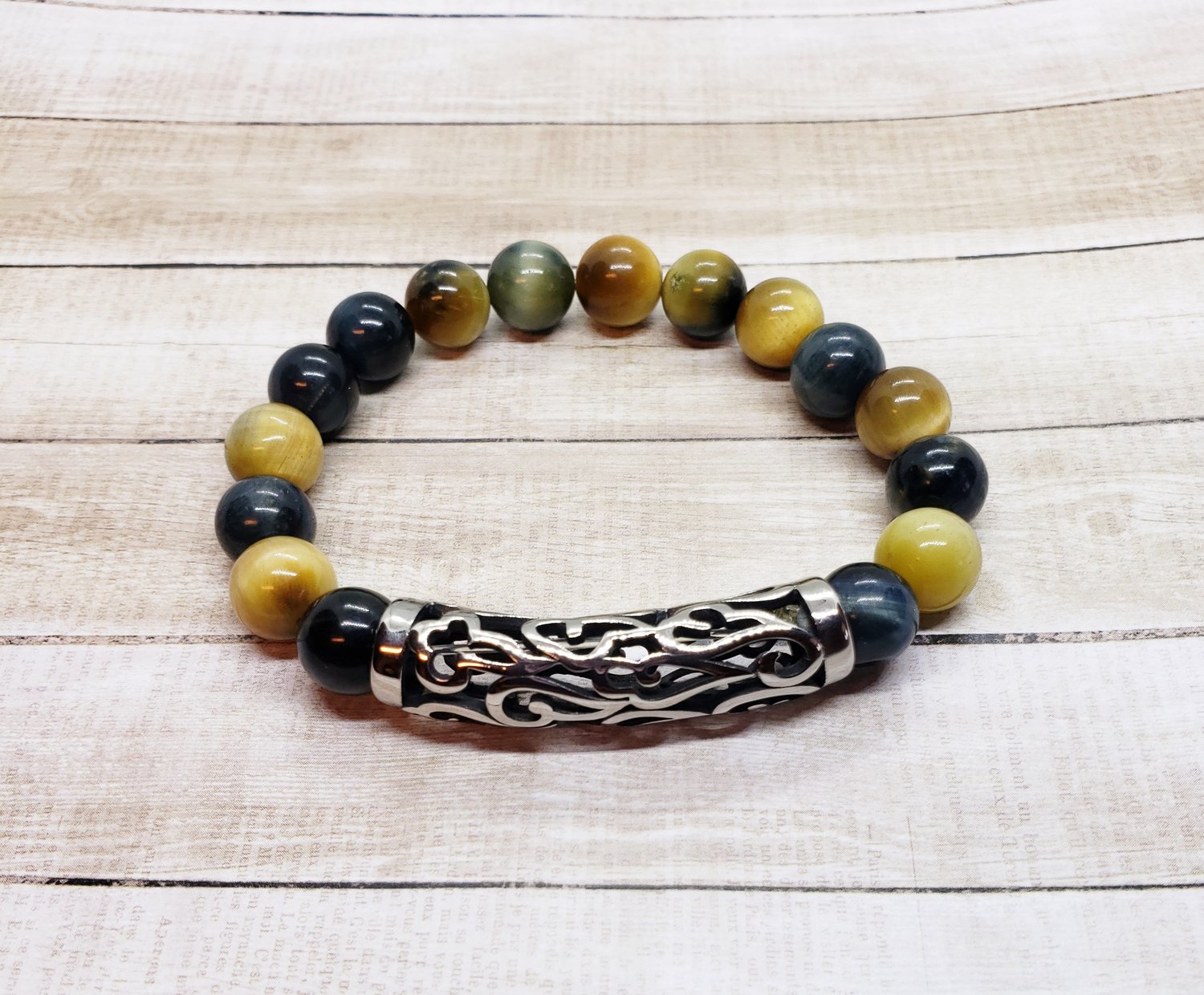 Image of Blue Gold Tiger's Eye Bracelet with Stainless Steel Focal Bead