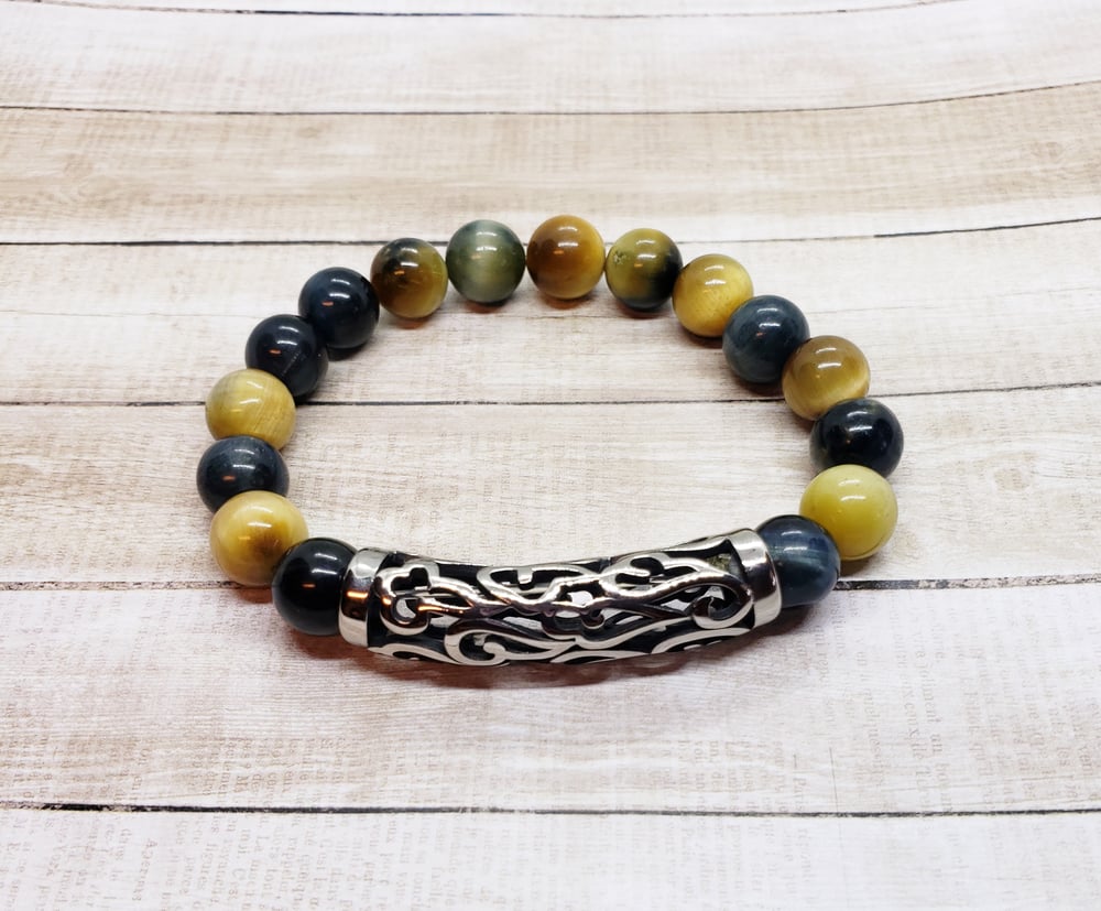 Image of Blue Gold Tiger's Eye Bracelet with Stainless Steel Focal Bead