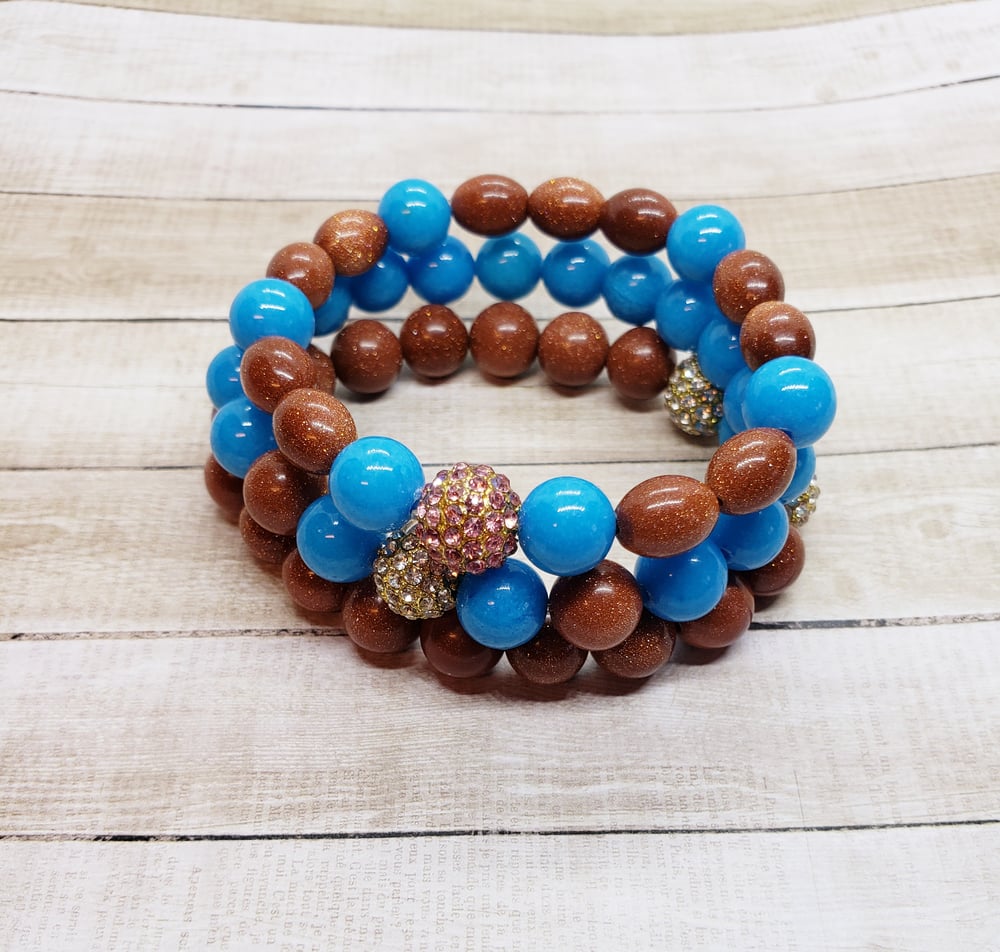 Image of Goldstone and Sky Blue Mountain Jade Bracelet