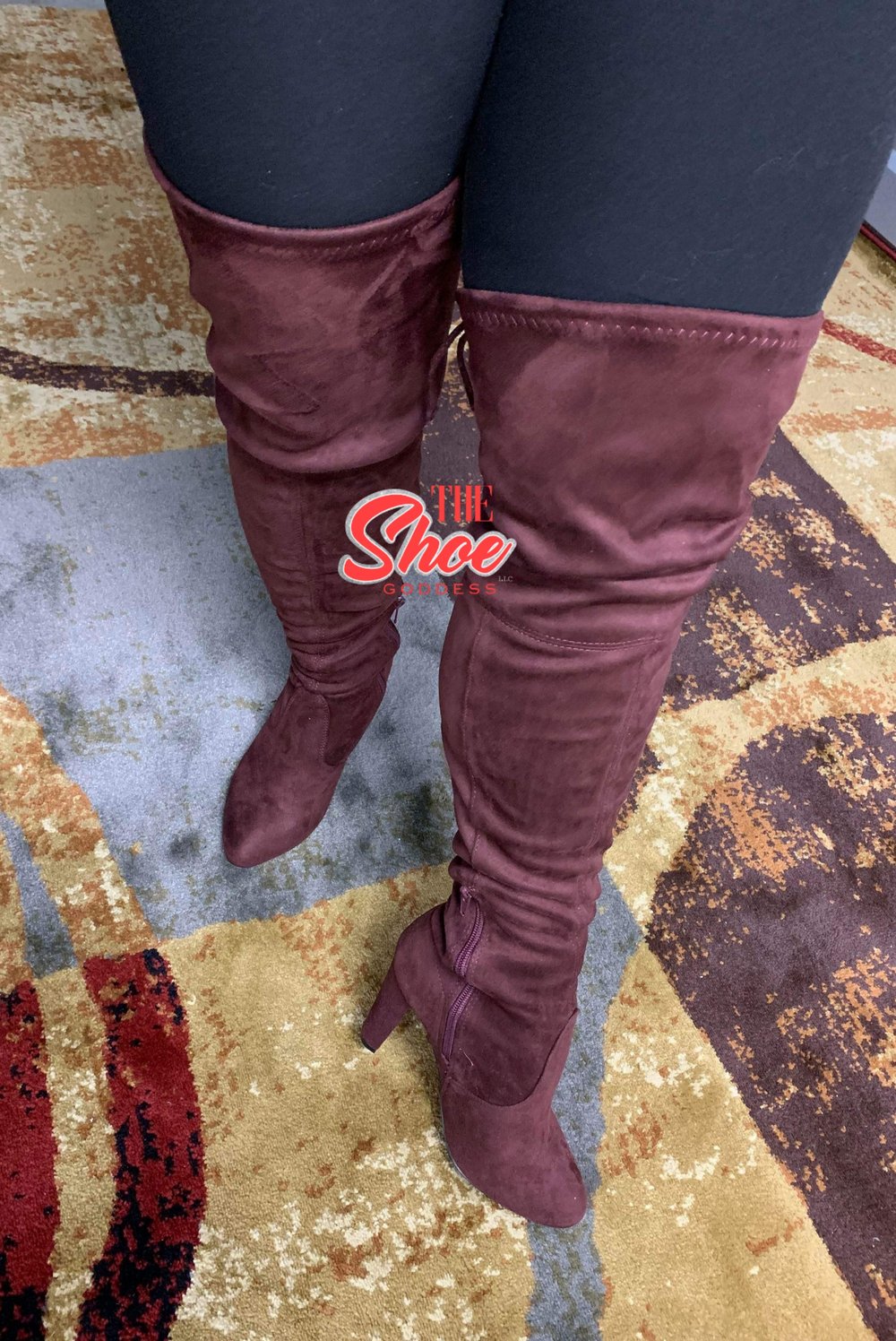 "Chrissy" Red brownish thigh high chunky heel boots