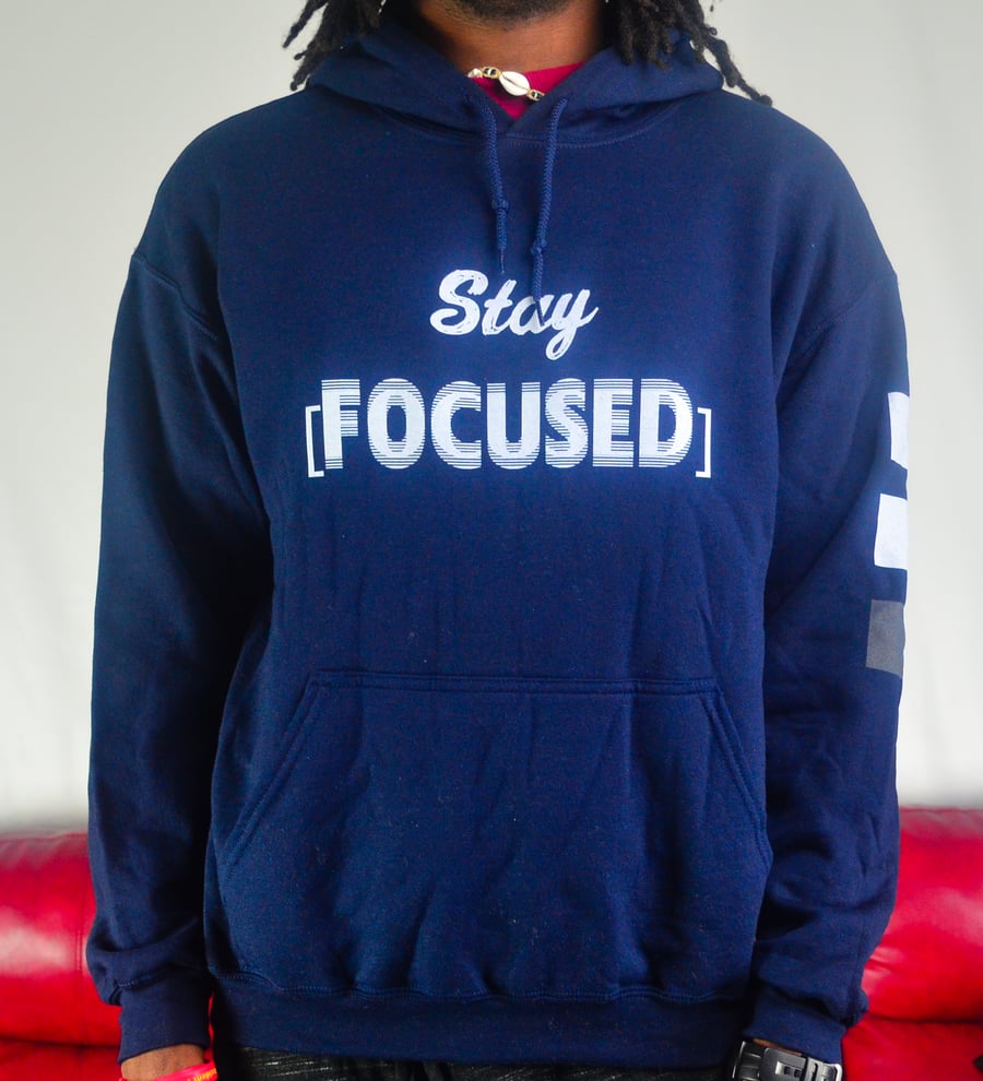 Image of [Stay Focused} Navy Blue Hoodie ( white, grey)