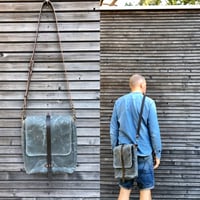 Image 1 of Messenger bag in waxed canvas with leather adjustable shoulder strap and closing flap